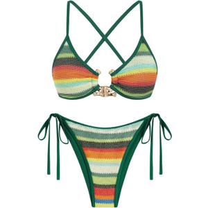 ZAFUL Women's Sexy Cutout Bikini Set High Cut Textured Metal Ring Cheeky Swimsuit Two Piece Bathing Suit (Medium, Green-0508)