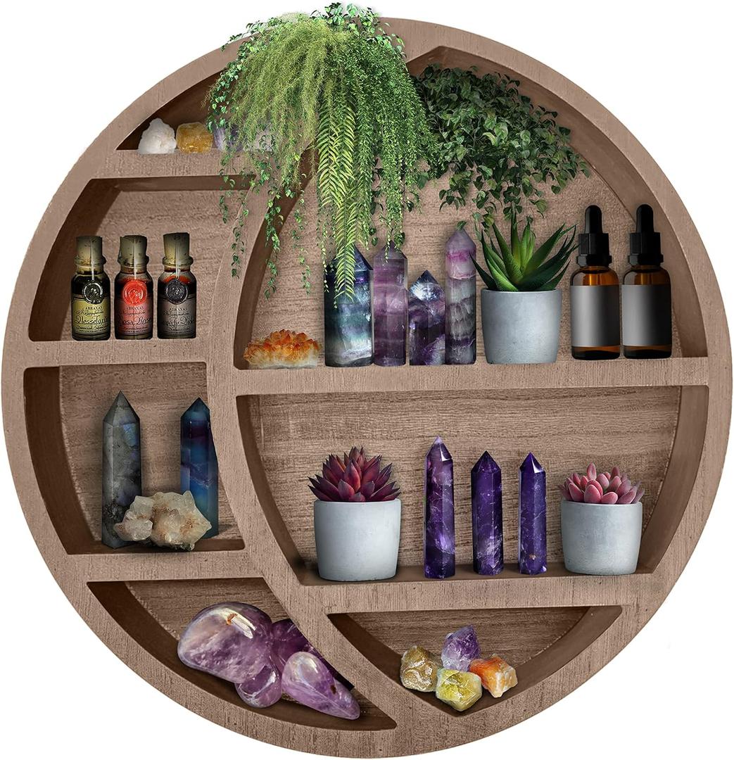 Wooden Floating Moon Shelf Wall Decor - Decorative Boho Home Hanging Display Shelf for Bedroom, Dorm, Nursery - Easy Mount Storage for Crystals and Essential Oils - 14 x 14 x 3.5 (Light Brown)