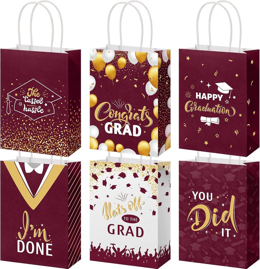 Lincia 24 Pieces 2026 Graduation Gift Bags Graduation Party Gift Bags with Handles 6 Kind of Style for High School, College, Kindergarten, 8th Grade and More(Maroon Gold)