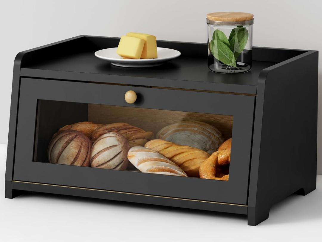 Goozii Black Bread Box for Kitchen Countertop, Small Vintage Counter Top Breadbox, Homemade Bread Storage Container for Sourdough Loaf, Farmhouse Wooden Corner Kitchen Counter Organizer for Cabinet