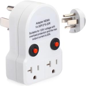 30 Amp to 20 Amp 110V Dryer Distribution Adapter Compatible with NEMA 14-30P to 2X 5-20R/ 5-15R, 4 Prong Dryer Wall Socket to 3 Prong Household Outlet with 20 Amp Circuit Breaker