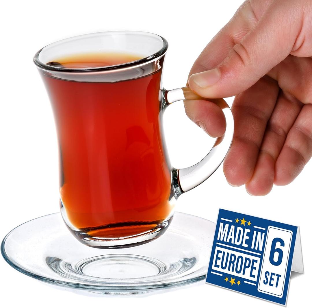 Volarium Small Turkish Tea Set 12 Piece Modern Turkish Tea Glasses & Saucers Set, 6 PCs 4.9 oz (145 cc) Clear Glass Tea Cups with Handle and 6PCs Glass Saucers
