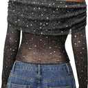 FEMLE Women Sparkly Off The Shoulder Sheer Mesh Tops Glitter See Through Long Sleeve Foldover Top Party Concert Outfits (Blue, XL)