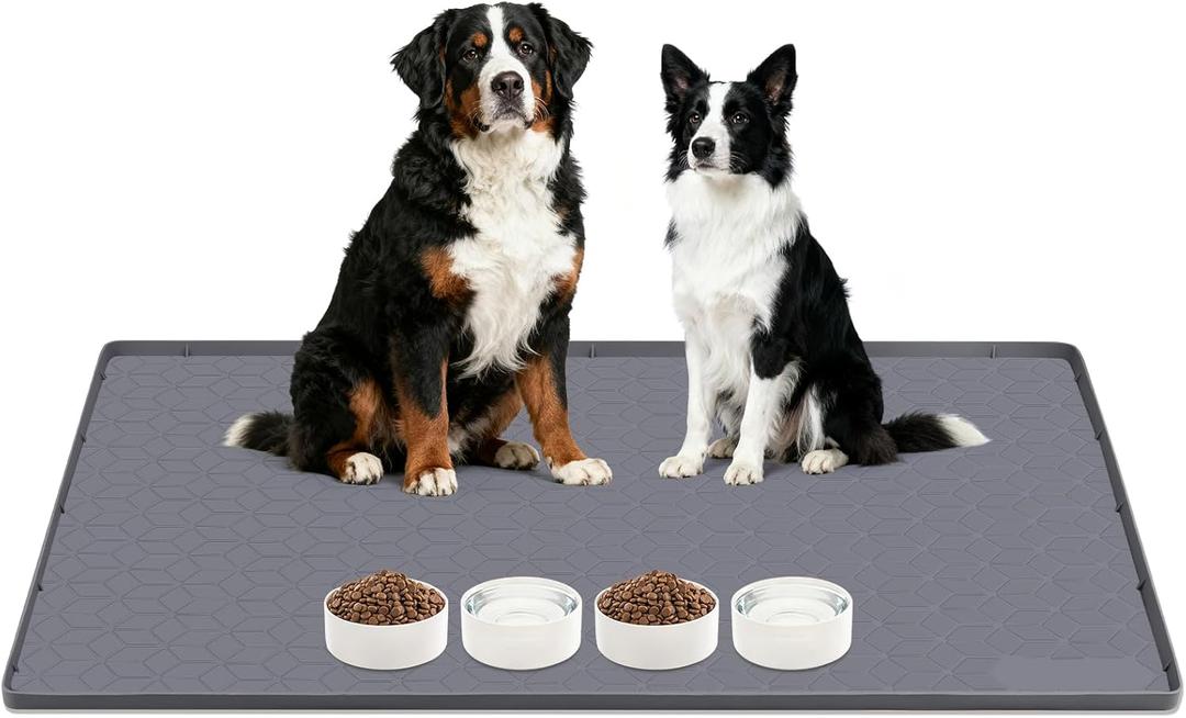 Lanstics Dog Food Mat, 34" x 22" Large Silicone Mat Dog Feeding Mat with Raised Edge Non-Slip Pet Feeding Mat for Food and Water Bowl, Easy to Clean, Floor Protection (Gray) (Grey Rhombus)
