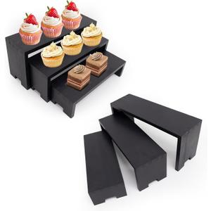 6-Piece Wood Display Risers Set - 2 x 3-Tier Rectangular Stands, Layered Aesthetic Shelves for Cupcakes, Jewelry, Craft Displays, Ideal for Funko Pops (Black)