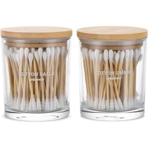 Glass Qtip Holder 2 Pack , Qtip Holder Dispenser Bathroom Set Bathroom Organizers and Storage Q tip Holder with Lid Makeup Storage Organizer for Cotton Swabs, Cotton Balls, Pads, Floss Picks Transparent
