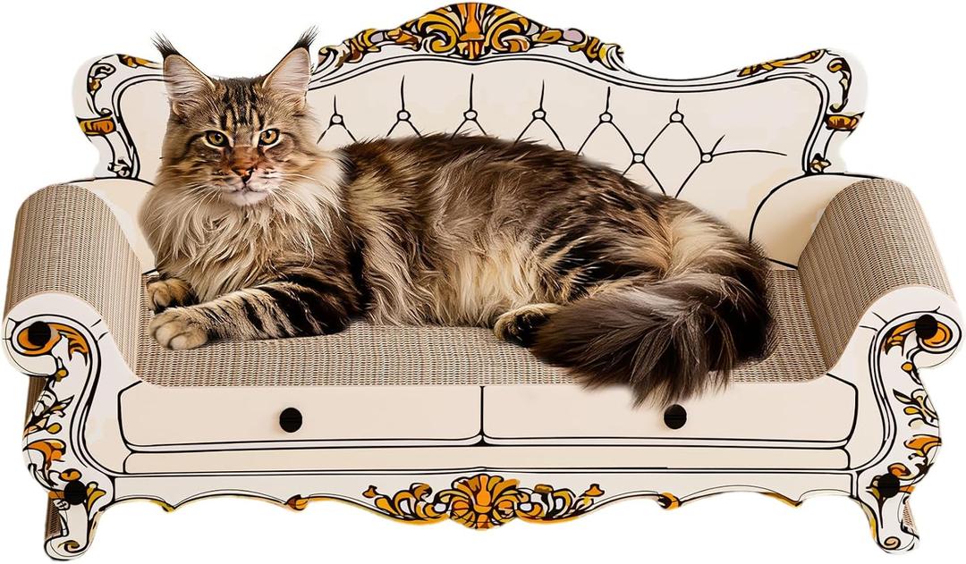 Cat Scratcher Bed,23.6 Inch Sofa-Shaped Cat Scratcher Couch, Large Luxury Durable Cardboard Sofa Scratcher Pad Furniture Protector for Indoor Cats Scrach,Rest and Play,Beige