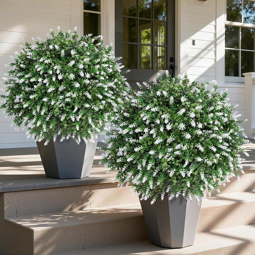 HyeFlora 26'' Artificial Topiary Boxwood Ball Trees with Lavender 2 Pack Fake Plants for Outdoor Indoor Artificial Shrubs with Ground Spike UV Resistant Fake Bushes for Front Porch Garden (White)
