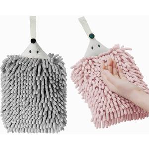 Chenille Hand Towels for Bathroom Kitchen and Bedroom |Hanging Hand Drying Towel with Button Loop | Funny Hedgehog Hand Towel | 2 Packs (Gray & Pink)