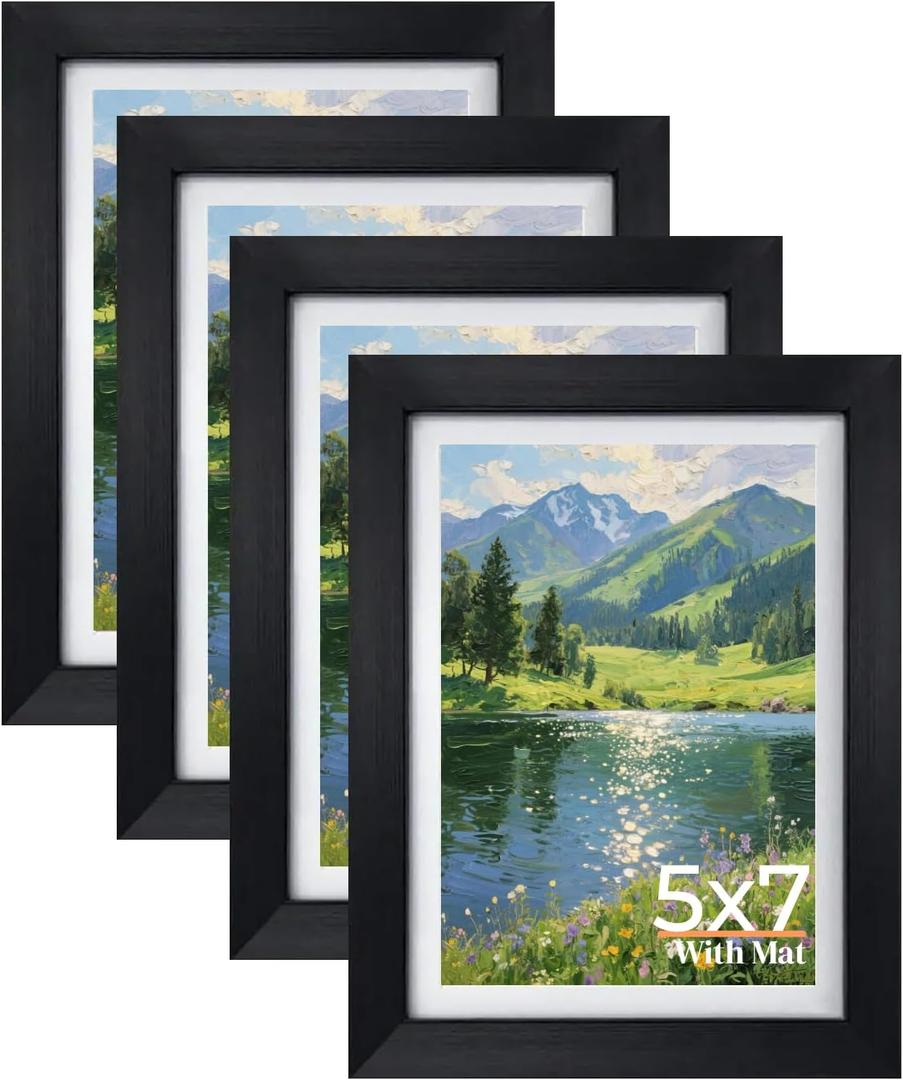 Giftgarden 5x7 Picture Frame Set of 4, 6x8 Matted to Display 5 by 7 Photo with Mat or 6 by 8 without Mat for Wall or Tabletop, Black