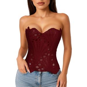 LEACOOLKEY Lacework Corset Top for Women Sexy Textured Sheer Floral Lace Bustier Going Out Lace-up Corset Overbust Top (Red, XL)