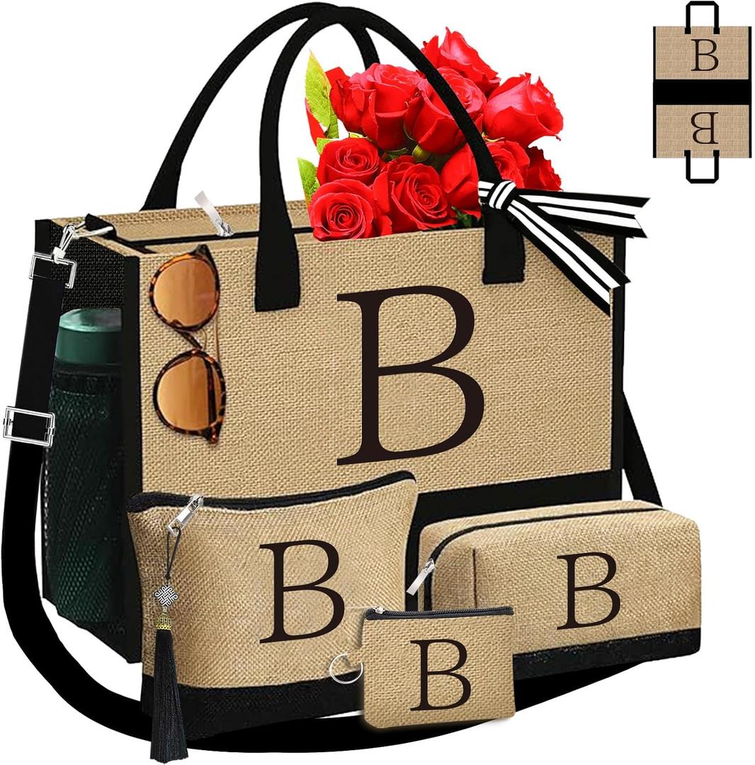 Monogrammed Tote Bags, 4Pcs Birthday Gifts for Women Initial Personalized Jute Tote Bags for Her Female Sister Mom