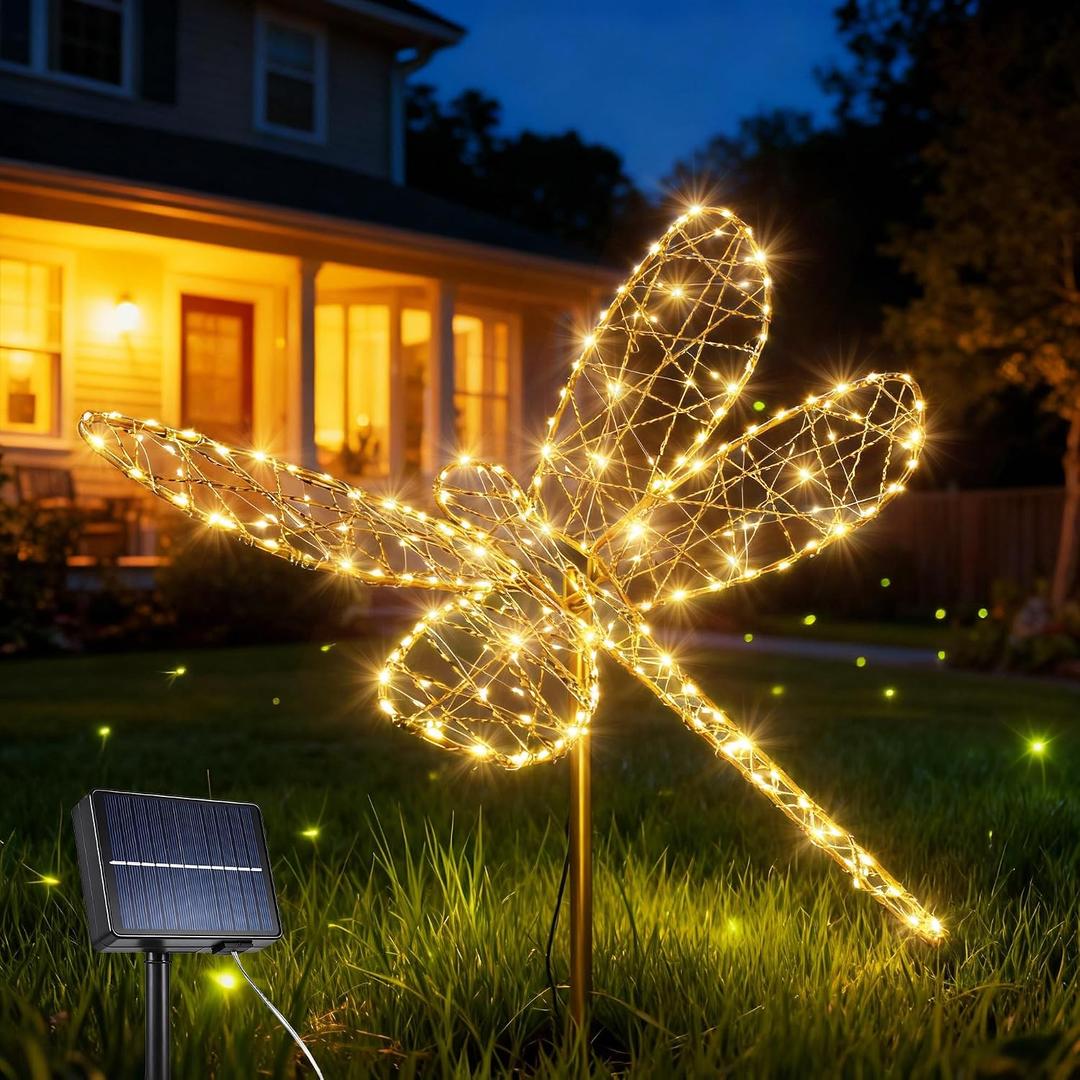 Lomotech Solar Garden Lights - 18" 240 Leds Foldable Outdoor Dragonfly Garden Decor, Waterproof Larger Outdoor Solar Lights with Iron for Garden Patio Yard Lawn Pathway Decorations (Warm White)