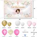 MEHOFOND First Holy Communion Baptism Decorations for Girls, Pink White Gold Balloon Garland Kit with Floral Cross Backdrop God Bless Christening Party Supplies