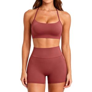 SUUKSESS Women 2 Piece Workout Sets Padded Halter Sports Bras High Waisted Biker Shorts with Pockets (X-Small, Maroon)