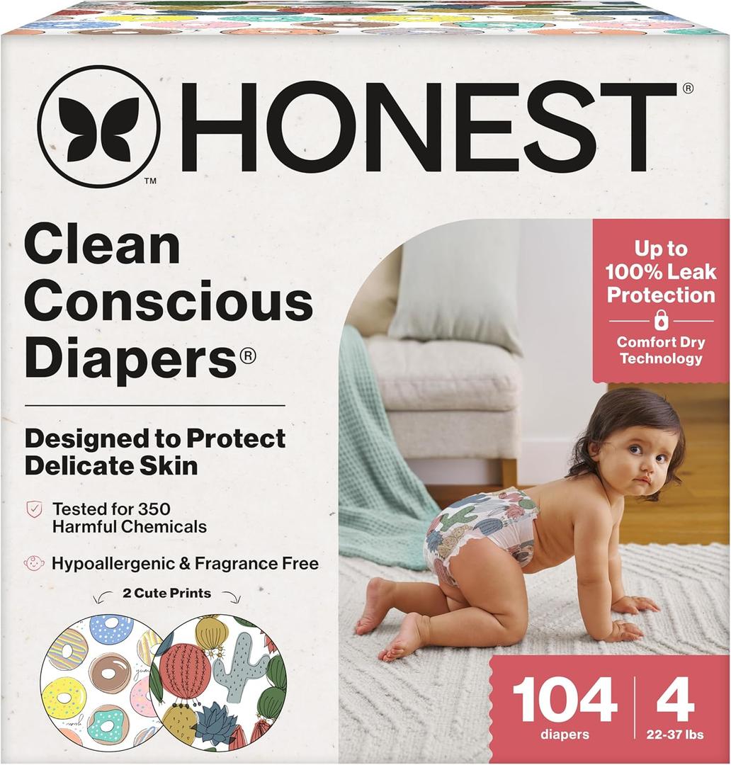 The Honest Company Clean Conscious Diapers for Delicate Skin | Up to 100% Leakproof | Hypoallergenic, Fragrance Free | Gender Neutral | Super Club Box, Size 4 (22-37 lbs), 104 Count (Prints May Vary) (Donut Grow Up + Cactus Cuties)