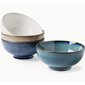 MONITO Embossed Ceramic Bowl Set, 28 oz Deep Soup Bowl, Kitchen Essential, 6.6 inch Ramen Bowls, Suitable for Salads, Pasta, Oatmeal, Ramen, Microwave and Dishwasher Safe, Set of 4