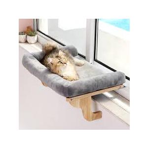 Zakkart Cat Perch for Window Sill with Bolster  Orthopedic Hammock Design with Premium Hardwood & Robust Metal Frame  Cat Window Seat for Large Cats  Natural Color Wood Gray Bed, 26.4''W