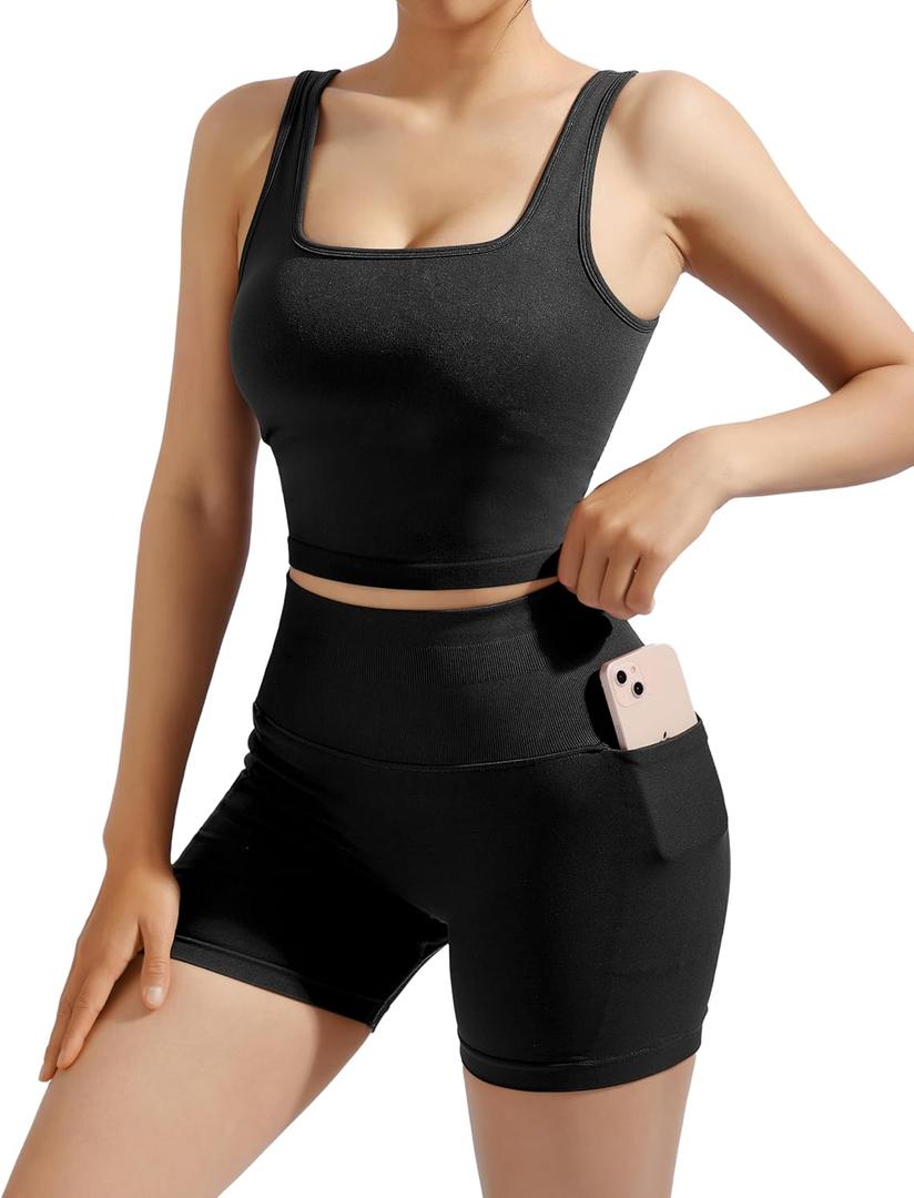 SUUKSESS Women 2 Piece Workout Sets Hidden Scrunch Butt Lifting Biker Shorts Square Neck Tank Tops (Large, Black)