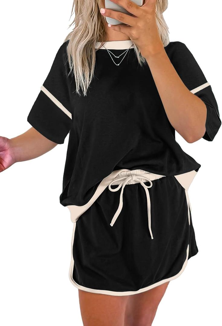 EVALESS Women's 2 Piece Sets Summer Casual Short Sleeve Tops Matching Drawstring Mini Skirt Going Out Lounge Outfits (Black)