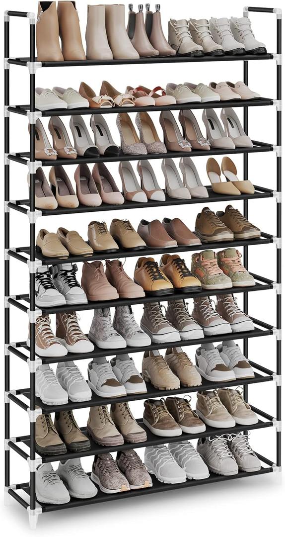 SONGMICS 10-Tier Shoe Rack, Shoe Storage for Hallway Closet, Slim and Space-Saving, Metal Frame, Non-Woven Fabric Shelves, Black ULSH11H