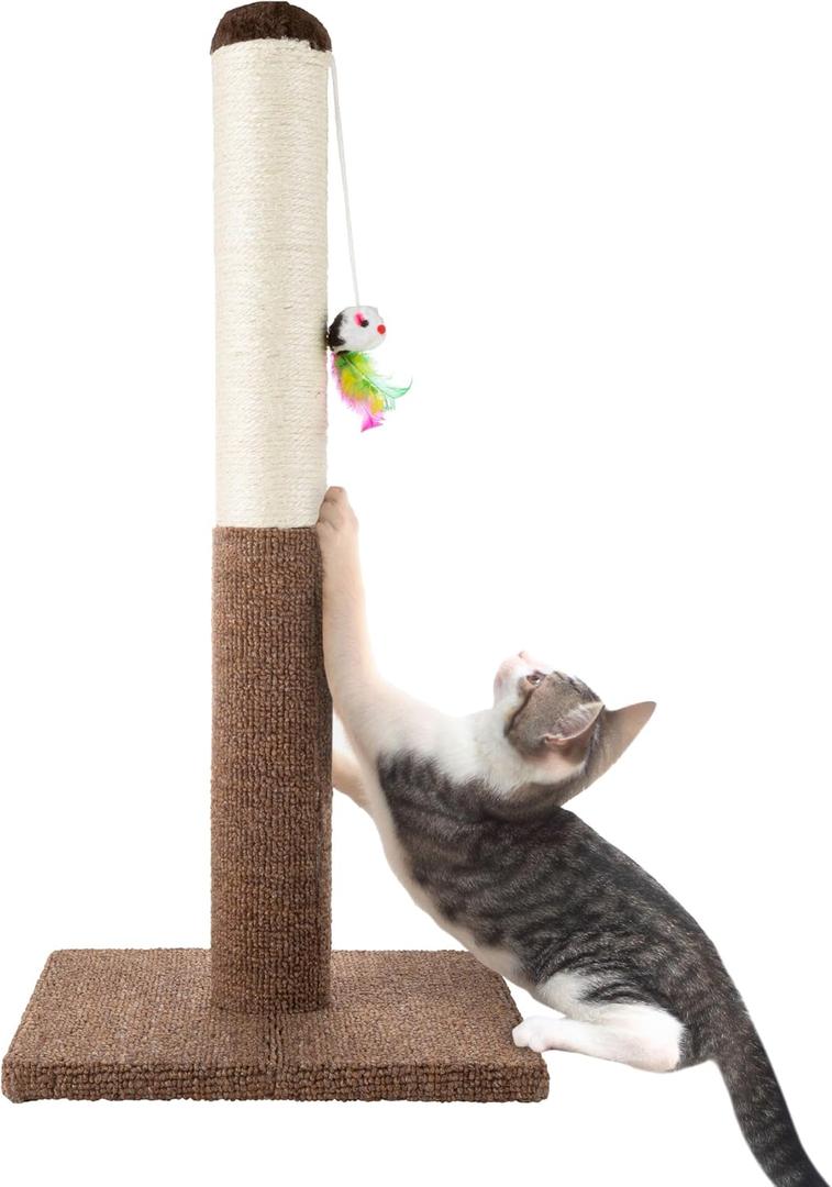 PETMAKER Cat Scratching Post - Tall Scratcher for Cats and Kittens with Sisal Rope and Carpet, Hanging Mouse Toy for Interactive Play (24.5 Inch) (Brown)