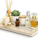 Large Bathroom Vanity Tray 13" x 8" Oak Decorative Wooden Tray for Bathroom Countertop & Vanity Organizer, Wood Tray for Perfume, Skincare & Accessories Storage, Vanity Dresser Decor Gold & White