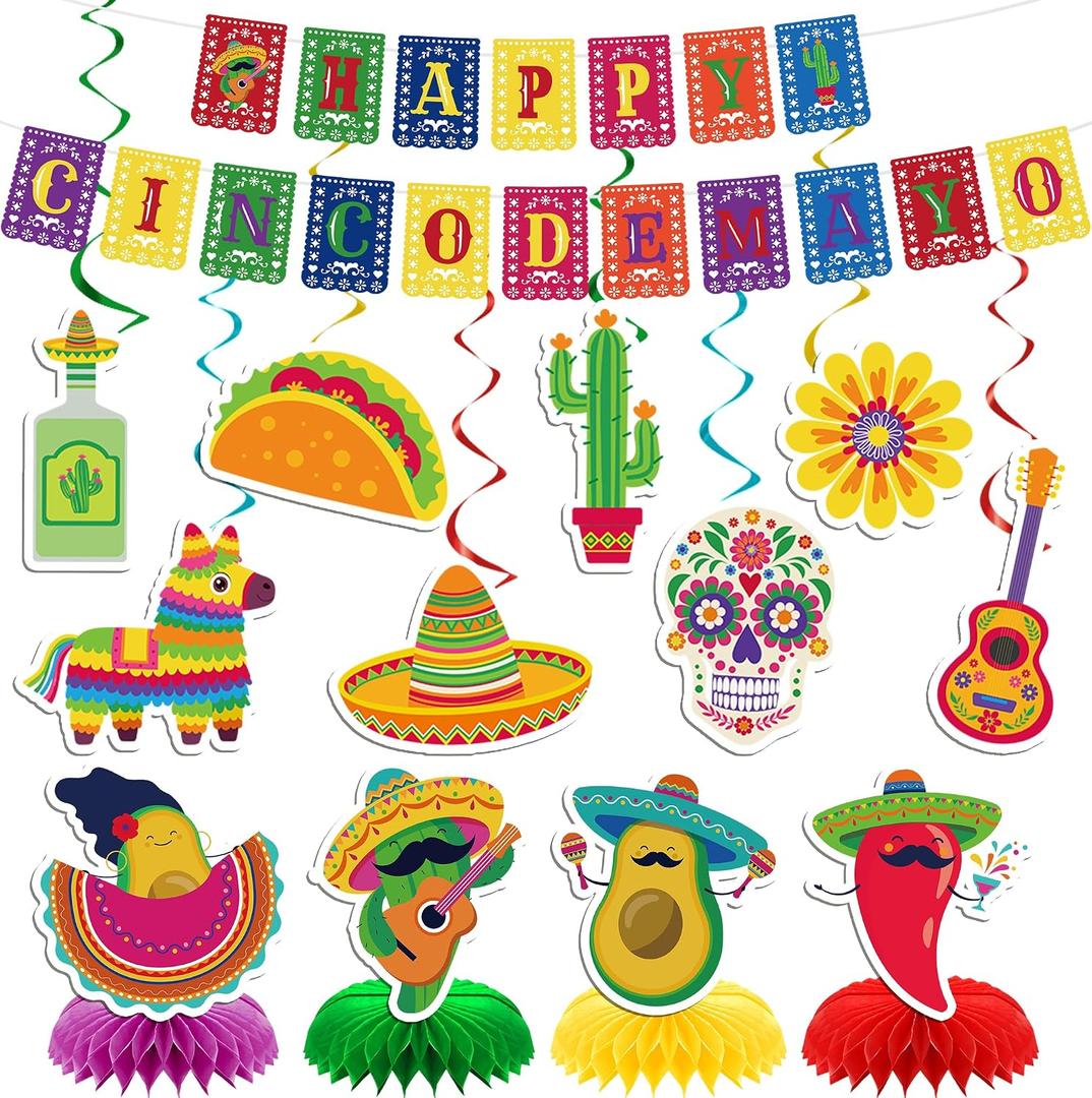 Cinco de Mayo Party Decorations - 14 Pcs Happy Mexican Fiesta Supplies Favors Pre-strung Banner Hanging Swirls Honeycomb Centerpieces Wall Ceiling Decor Set for Office Home Indoor Outdoor
