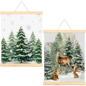 Tenceur 2 Pcs Winter Wall Art Decor Pine Tree Reindeer Holiday Wall Decor Christmas Poster Hanger with Wood Frames Wild Animals Canvas Artwork Decoration for Home Bedroom Living Room