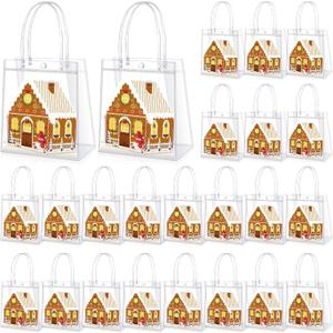 2 x Colingmill 24 Pcs Christmas Gingerbread PVC Gift Bags Bulk with Handles Treat Candy Goodies Clear Bags 6.3 x 5.9 x 2.8 Inch for Xmas Decoration Holiday Gingerbread Party Favors Supplies (Brown)