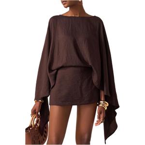 MakeMeChic Women's 2 Piece Set Summer Poncho Tops and Mini Shorts Sets Beach Vacation Outfits (Brown, XS)