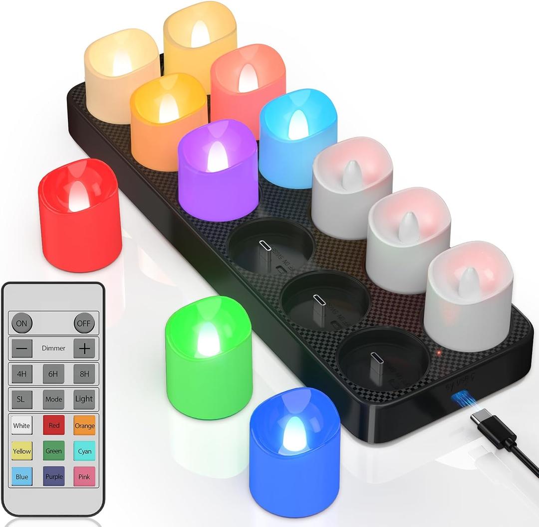 PChero Rechargeable Flameless Candles with Remote Timer & Charging Base, 12 Pack 9 Color Changing Tea Lights Battery Operated, LED Votive Candles for Halloween Pumpkin Christmas Party Home Decor