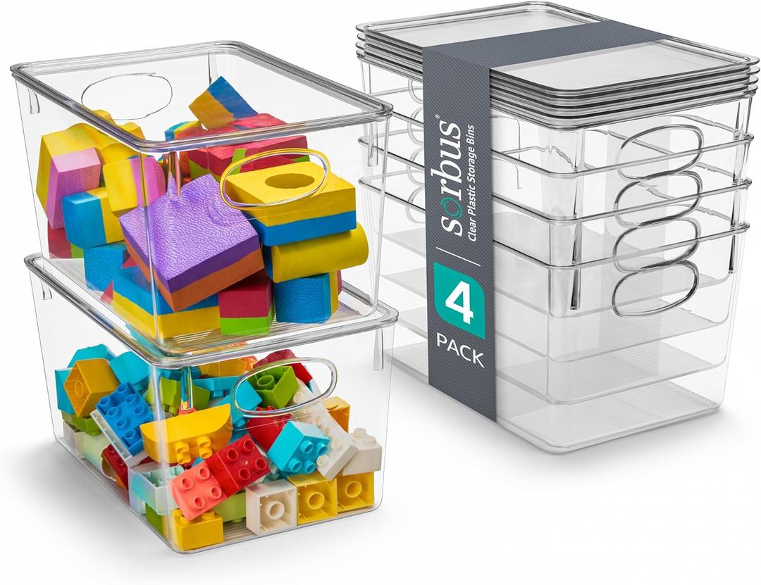 Sorbus Large Clear Plastic Bins with Lids  Stackable Organizer for Toys, Clothes, Medicine, Makeup, Art Supplies, Closet, Bathroom, and Shoes (4 Pack)