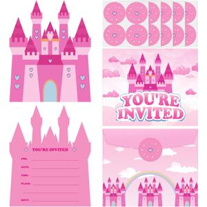 Hot Pink Princess Castle Birthday Party Invitations Cards Girl with Envelopes Stickers for Girls Princess Themed Party Baby Shower Celebration Decorations Supplies Decor Favors,20 Set