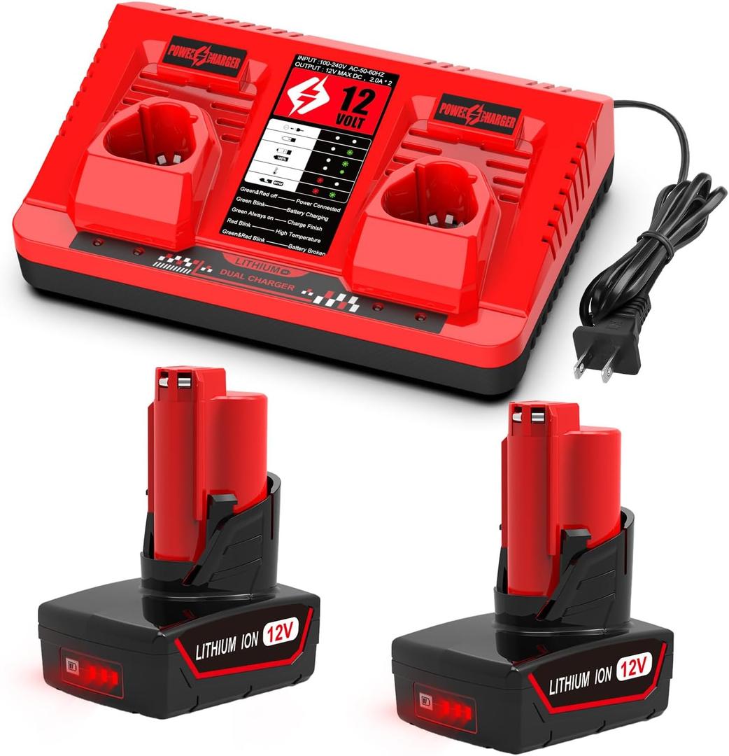 2-Pack 6.5Ah 12V Battery and Charger Set Compatible with Mil-wau-kee 12V Tools 48-11-2420 48-11-2401 48-11-2402 48-11-2450 Battery and 48-59-2401 Charger