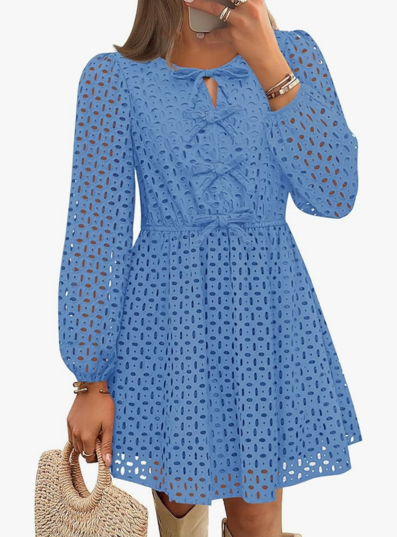 ZESICA Women's Long Sleeve Mini Dress 2025 Fall Crewneck Tie Front Hollow Out Eyelet Babydoll A Line Short Dresses XL