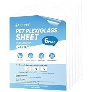 TICONN 6PK 24" x 36" PET Plexiglass Sheets, Clear Plastic Sheet, Easy to Cut Thin Flexible PET Plastic Sheeting Panels for DIY Art Projects, Crafts, Picture Frames, Signs