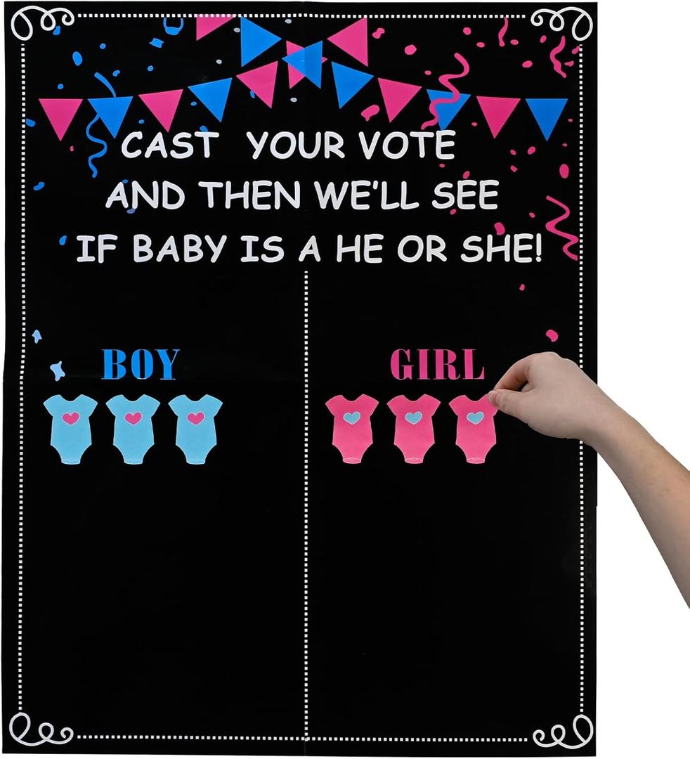 Gender Reveal Party Supplies - 54 Voting Stickers & Large Poster for Baby Shower Games, Boy or Girl Reveal Decorations, Pink & Blue Theme