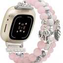 C&L Accessories Bracelets Compatible with Fitbit Versa 3 Bands/Versa 4 Bands/Fitbit Sense 2/Sense Bands for Women Men Beaded Gemstone (Rose Quartz/White)