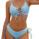 ZAFUL Women's Cheeky Bikini Set 2 Piece Sexy String High Cut Swimsuits Lace Up Tie Side Bathing Suits 2025, S, Sky Blue