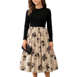 Seechoslo NEW Girls Elegant Dress Short Sleeve A-Line Floral Midi Party Special Occasion (US, Age, 13 Years, 14 Years, Black-Long Sleeve)