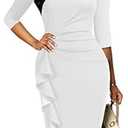 Women's Ruffle Dresses 3/4 Sleeve Vintage Bodycon Ruched Work Business Pencil Party Midi Dress (X-Large)