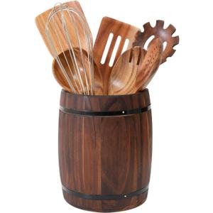Tomato Garden Wooden Utensil Holder, Brown, Barrel Shape, Holds Spoons and Scoops, Wine Barrel Design, Painted, Smooth Surface, Sturdy Construction
