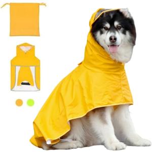 Waterproof Dog Rain Jacket with Hood - Reflective Strip, Adjustable Belly Strap, Lightweight Poncho with Storage Bag (Large, Yellow)