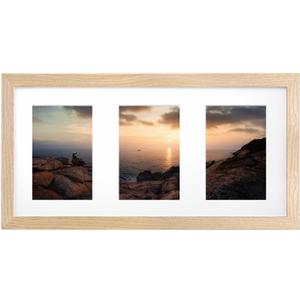 KINLINK 8x16 Panoramic Collage Picture Frame, Natural Solid Wood Frame with HD Plexiglass for Multiple Three 4x6 Photos with Mat or 8x16 without Mat, Tabletop and Wall Mounting Display 1 Pack