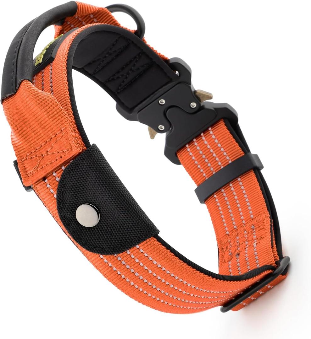 Plutus Pet Tactical Dog Collar with Tracker Pocket for AirTag, Adjustable Reflective Nylon Collar, Metal Buckle, Leather-Wrapped Handle, Soft Padded for Medium Large Dogs (Orange, L)