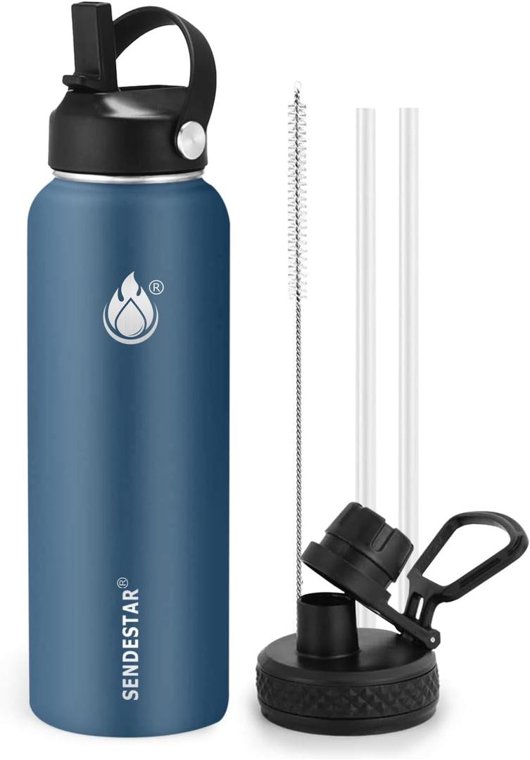 Insulated Water Bottle 32 oz with Straw, Stainless Steel Wide Mouth Water Bottle, Double Wall Vacuum Leak Proof with Straw Lid & Spout Lid for Sports or Office, Keep Cold or Hot Up to 24 Hrs