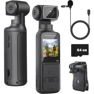 4K Body Camera with External Microphone, Mini Video & Audio Pocket Cam 270 Rotation Camera for Outdoor Sport, Bike, Travel, Police Law Enforcement, Personal Civilians, 64GB Included