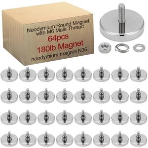 Flutesan 64 Pieces Heavy Duty Neodymium Round Mounting Magnet with Bolt 1.65in-180lb-M6 Silver with Male Thread Stud Strong Rare Earth Magnet Super Powerful for Lighting Camera Brackets License Plate