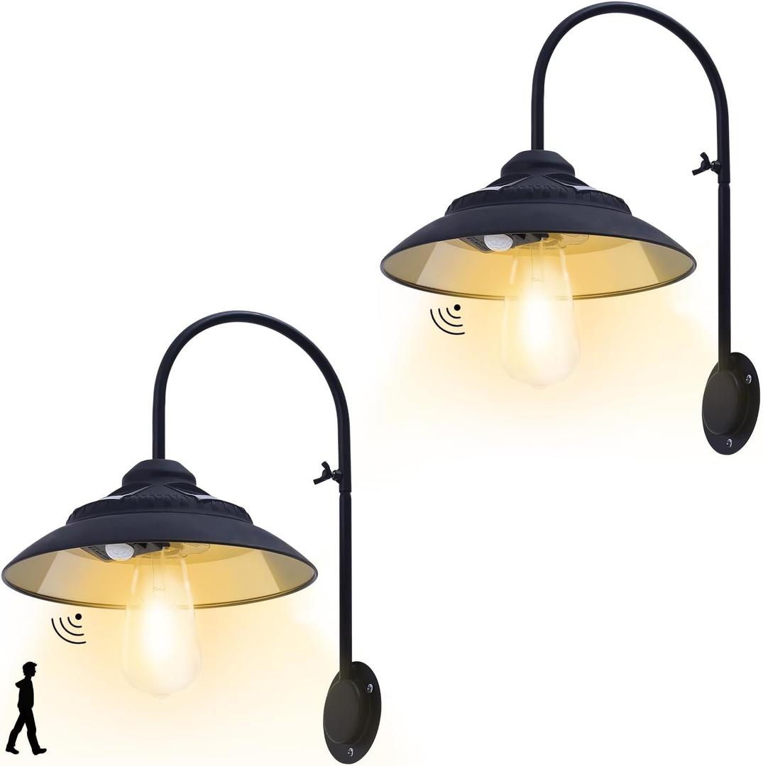 Solar Lights Outdoor Waterproof - with Motion Sensor Solar Barn Lights Outdoor Wireless LED Sconce Light for Patio Yard Garage Chicken Coop & Shed FarmhouseBlack 2P